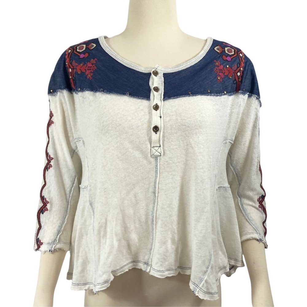 We The Free Blue and White Embroidered Top